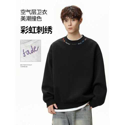 美式圓領衛衣男春秋新款潮牌字母刺綉重磅體恤男生休閒長袖打底衫