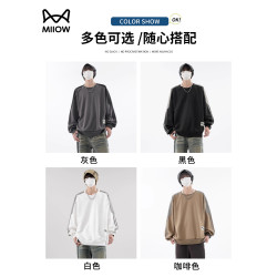 貓人背後印花圓領衛衣男士秋季復古拼色運動風情侶上衣打底衫大碼