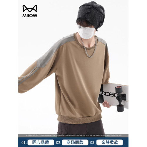 貓人背後印花圓領衛衣男士秋季復古拼色運動風情侶上衣打底衫大碼