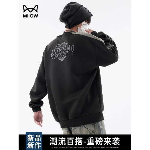 貓人背後印花圓領衛衣男士秋季復古拼色運動風情侶上衣打底衫大碼