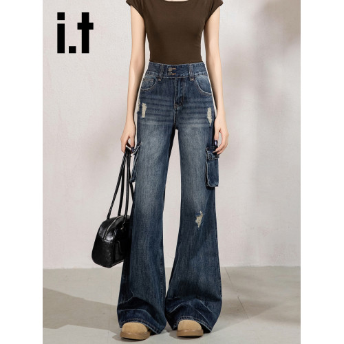 it:CHOCOOLATE微喇工裝褲女牛仔褲女高腰顯瘦美式辣妹喇叭長褲子