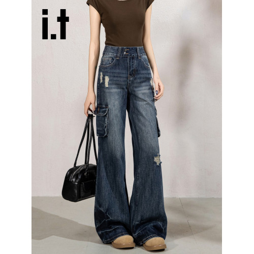 it:CHOCOOLATE微喇工裝褲女牛仔褲女高腰顯瘦美式辣妹喇叭長褲子