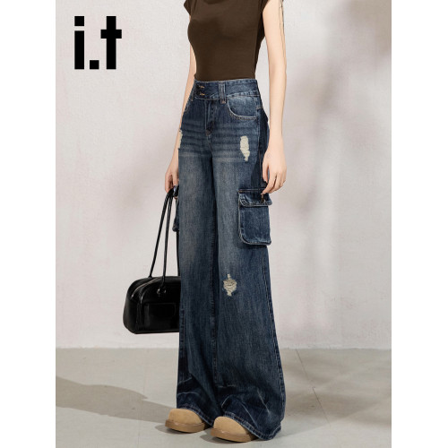 it:CHOCOOLATE微喇工裝褲女牛仔褲女高腰顯瘦美式辣妹喇叭長褲子