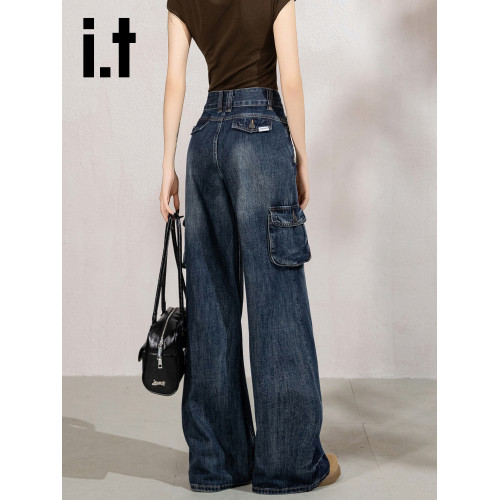 it:CHOCOOLATE微喇工裝褲女牛仔褲女高腰顯瘦美式辣妹喇叭長褲子