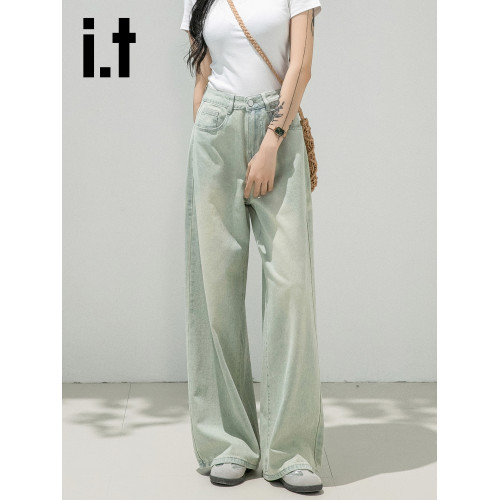 it:CHOCOOLATE淺色濶腿女牛仔褲高腰直筒新款復古懷舊褲子夏季薄