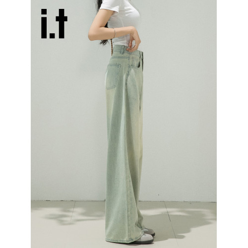 it:CHOCOOLATE淺色濶腿女牛仔褲高腰直筒新款復古懷舊褲子夏季薄