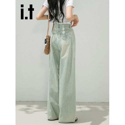it:CHOCOOLATE淺色濶腿女牛仔褲高腰直筒新款復古懷舊褲子夏季薄
