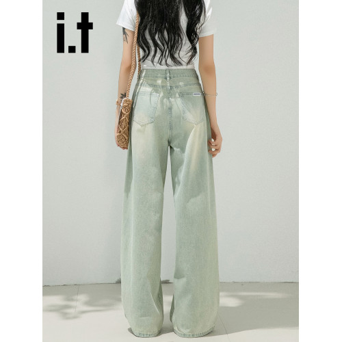 it:CHOCOOLATE淺色濶腿女牛仔褲高腰直筒新款復古懷舊褲子夏季薄