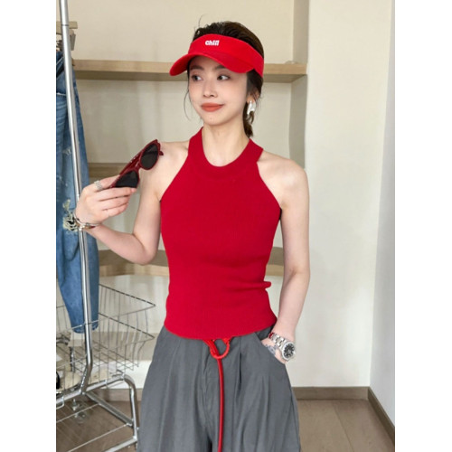 奧萊折釦店復古掛脖冰絲針織吊帶背心女歐洲站夏裝歐貨女裝打底衫