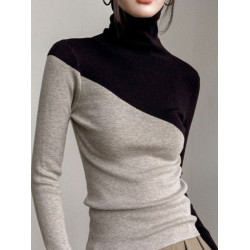 老錢風輕奢高領針織衫秋冬貼身毛衣女內搭雙拼色打底衫外穿上衣