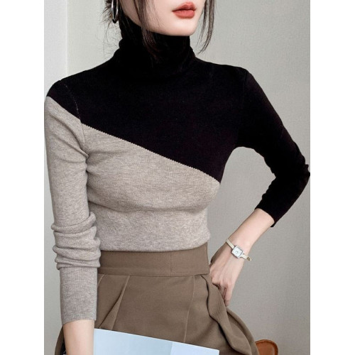 老錢風輕奢高領針織衫秋冬貼身毛衣女內搭雙拼色打底衫外穿上衣