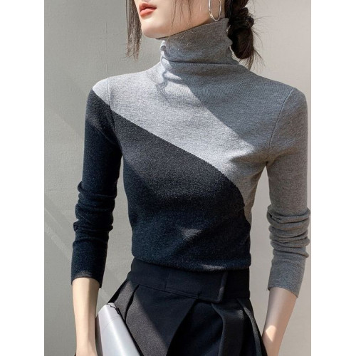 老錢風輕奢高領針織衫秋冬貼身毛衣女內搭雙拼色打底衫外穿上衣