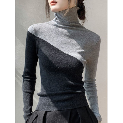 老錢風輕奢高領針織衫秋冬貼身毛衣女內搭雙拼色打底衫外穿上衣