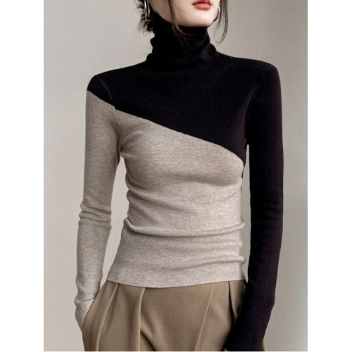 老錢風輕奢高領針織衫秋冬貼身毛衣女內搭雙拼色打底衫外穿上衣