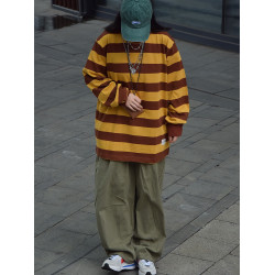 WHAZLAB｜日系復古條紋重磅長袖打底衫衛衣寬松cityboy男女情侶潮