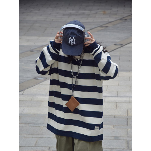 WHAZLAB｜日系復古條紋重磅長袖打底衫衛衣寬松cityboy男女情侶潮