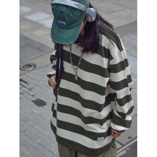 WHAZLAB｜日系復古條紋重磅長袖打底衫衛衣寬松cityboy男女情侶潮