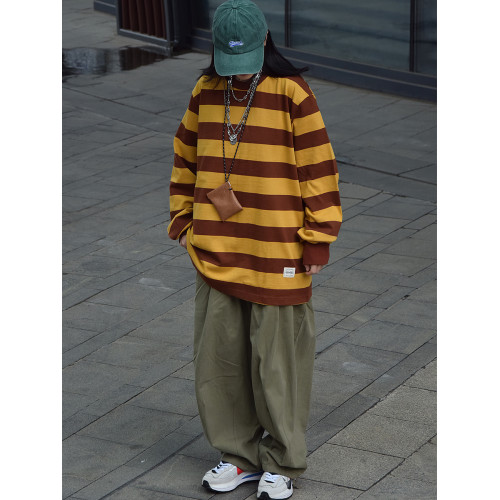 WHAZLAB｜日系復古條紋重磅長袖打底衫衛衣寬松cityboy男女情侶潮