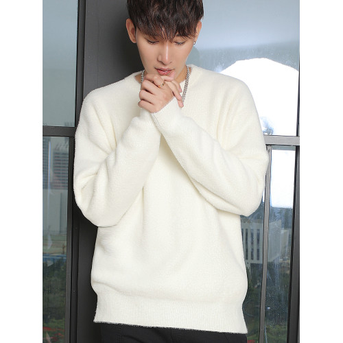 水貂絨毛衣男寬松加厚慵懶圓領休閒情侶內搭打底衫男士高領針織衫