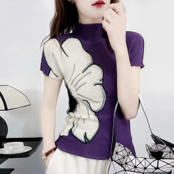 大花朵撞色刺綉針織衫女氣質通勤半高領褶皺短袖緊身顯瘦打底衫夏