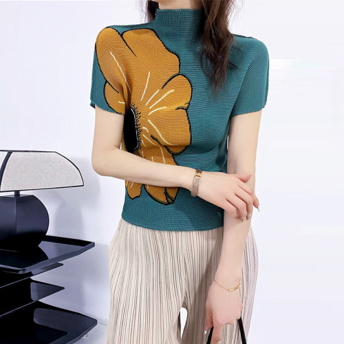 大花朵撞色刺綉針織衫女氣質通勤半高領褶皺短袖緊身顯瘦打底衫夏