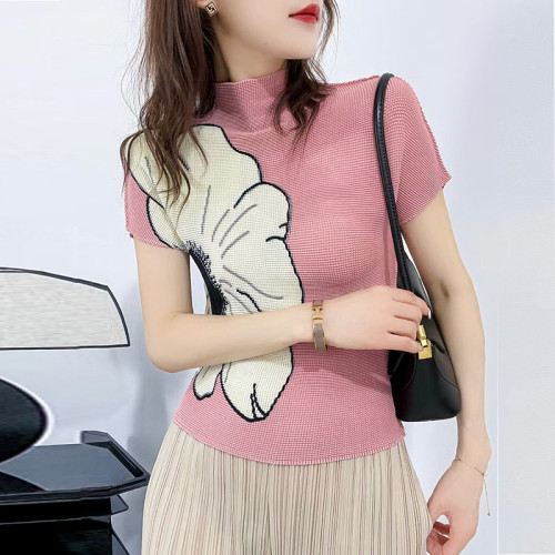 大花朵撞色刺綉針織衫女氣質通勤半高領褶皺短袖緊身顯瘦打底衫夏