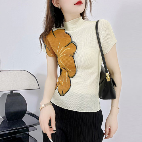 大花朵撞色刺綉針織衫女氣質通勤半高領褶皺短袖緊身顯瘦打底衫夏