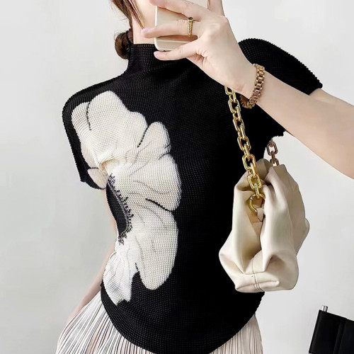 大花朵撞色刺綉針織衫女氣質通勤半高領褶皺短袖緊身顯瘦打底衫夏