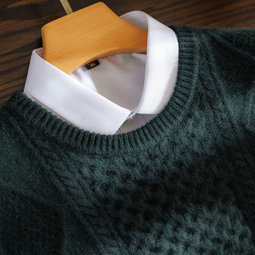 三股加厚羊絨衫男100%純山羊絨套頭扭花針織打底衫百搭保暖毛衣潮