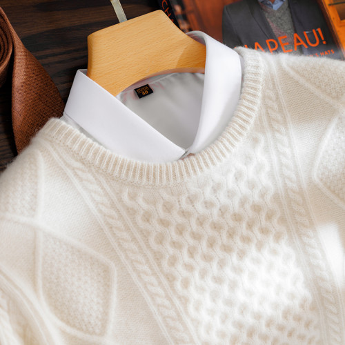 三股加厚羊絨衫男100%純山羊絨套頭扭花針織打底衫百搭保暖毛衣潮