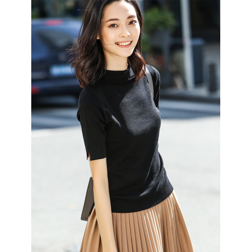 天絲環保涼感面料 法式小衆黑色短袖針織衫女夏季半袖冰絲打底衫