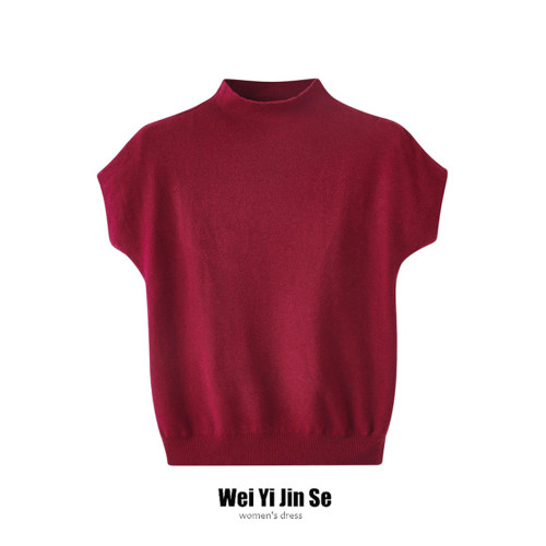 早秋新款女上衣半高領修身針織打底衫短款簡約百搭飛飛袖毛衣內搭