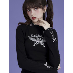 SagiDolls少女鬭志 暗黑甜酷辣妹蝴蝶結半高領印花針織衫打底衫春