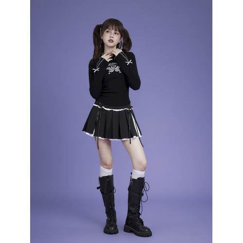 SagiDolls少女鬭志 暗黑甜酷辣妹蝴蝶結半高領印花針織衫打底衫春