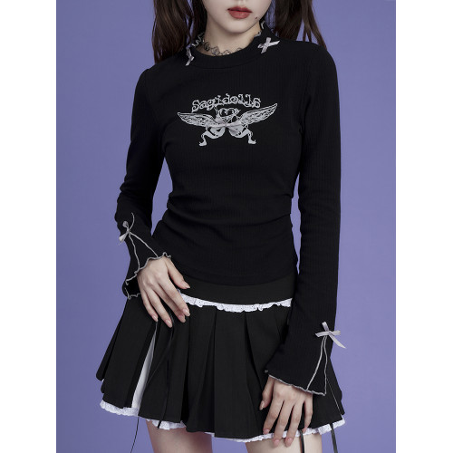 SagiDolls少女鬭志 暗黑甜酷辣妹蝴蝶結半高領印花針織衫打底衫春