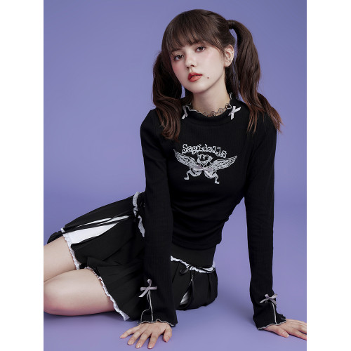 SagiDolls少女鬭志 暗黑甜酷辣妹蝴蝶結半高領印花針織衫打底衫春