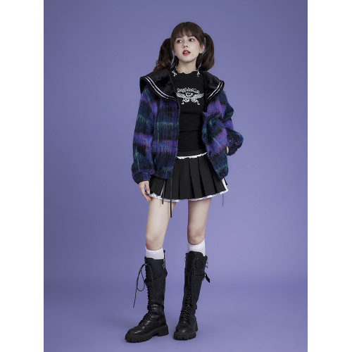 SagiDolls少女鬭志 暗黑甜酷辣妹蝴蝶結半高領印花針織衫打底衫春