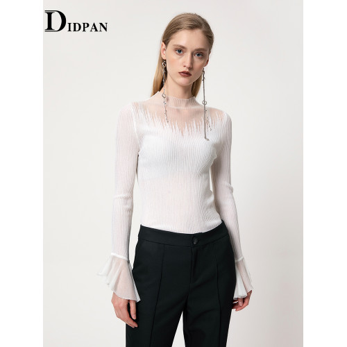 IDPAN流行漂亮毛衣女喇叭袖高級感打底衫獨特黑色肌理感針織衫