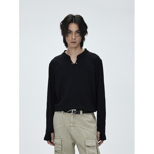 CATSSTAC V領分割線基礎打底衫男純色簡約cleanfit休閒內搭長袖