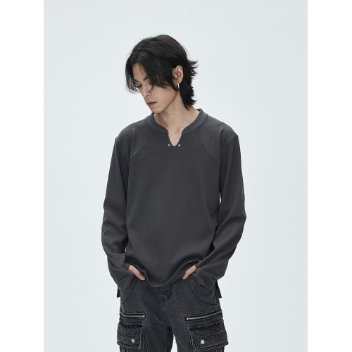 CATSSTAC V領分割線基礎打底衫男純色簡約cleanfit休閒內搭長袖