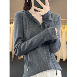 秋冬季純羊絨衫女連帽毛衣開衫雙拉鍊外套外搭純色針織羊毛打底衫