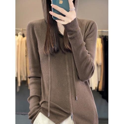 秋冬季純羊絨衫女連帽毛衣開衫雙拉鍊外套外搭純色針織羊毛打底衫