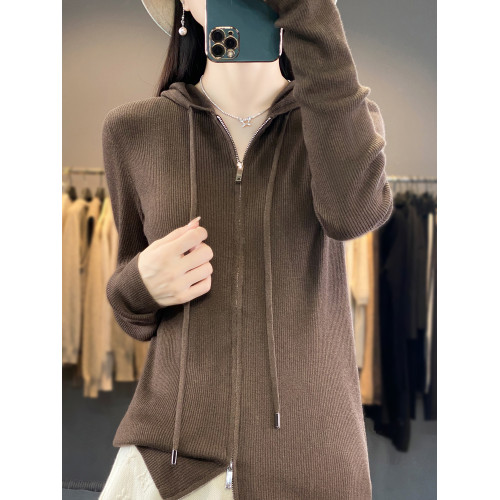 秋冬季純羊絨衫女連帽毛衣開衫雙拉鍊外套外搭純色針織羊毛打底衫