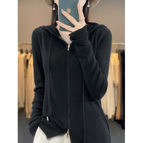 秋冬季純羊絨衫女連帽毛衣開衫雙拉鍊外套外搭純色針織羊毛打底衫