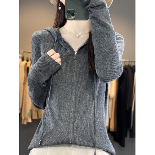 秋冬季純羊絨衫女連帽毛衣開衫雙拉鍊外套外搭純色針織羊毛打底衫