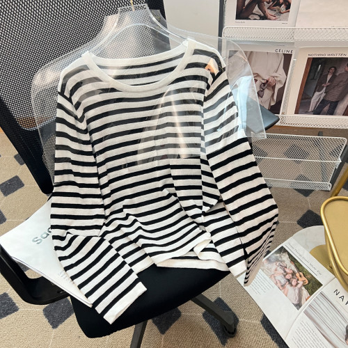 【旅行藝術】100萊賽爾天絲春夏新款休閒長袖條紋針織衫女打底衫