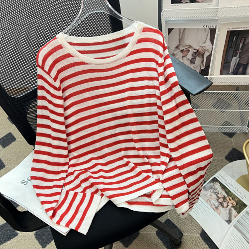 【旅行藝術】100萊賽爾天絲春夏新款休閒長袖條紋針織衫女打底衫