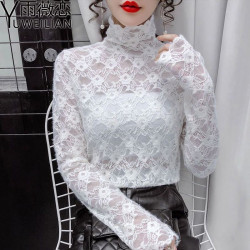 2025年加絨/不加絨磨毛蕾絲打底衫女高領秋冬修身洋氣內搭花邊領