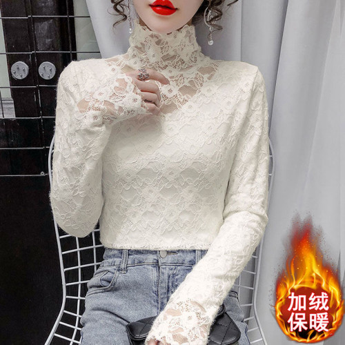 2025年加絨/不加絨磨毛蕾絲打底衫女高領秋冬修身洋氣內搭花邊領