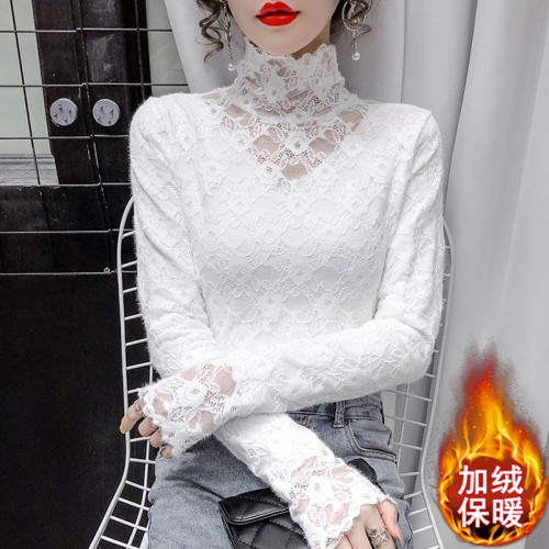 2025年加絨/不加絨磨毛蕾絲打底衫女高領秋冬修身洋氣內搭花邊領